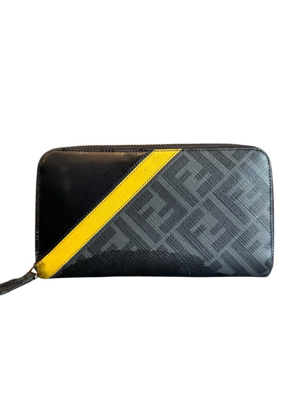 Fendi Zucca FF Logo Zip Long Wallet in black, gray and yellow